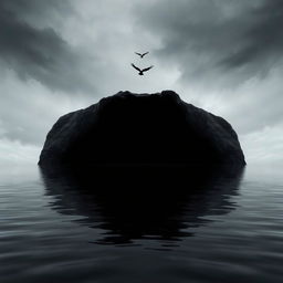 A surreal scene depicting a bottomless emptiness filled with an inky blackness, contrasting with a single bird soaring majestically above an expanse of water
