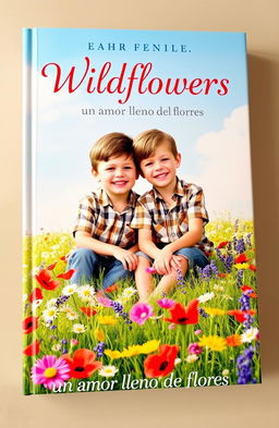 A beautiful book cover for a novel titled "Wildflowers" featuring two young boys sitting together in a vibrant field filled with colorful wildflowers