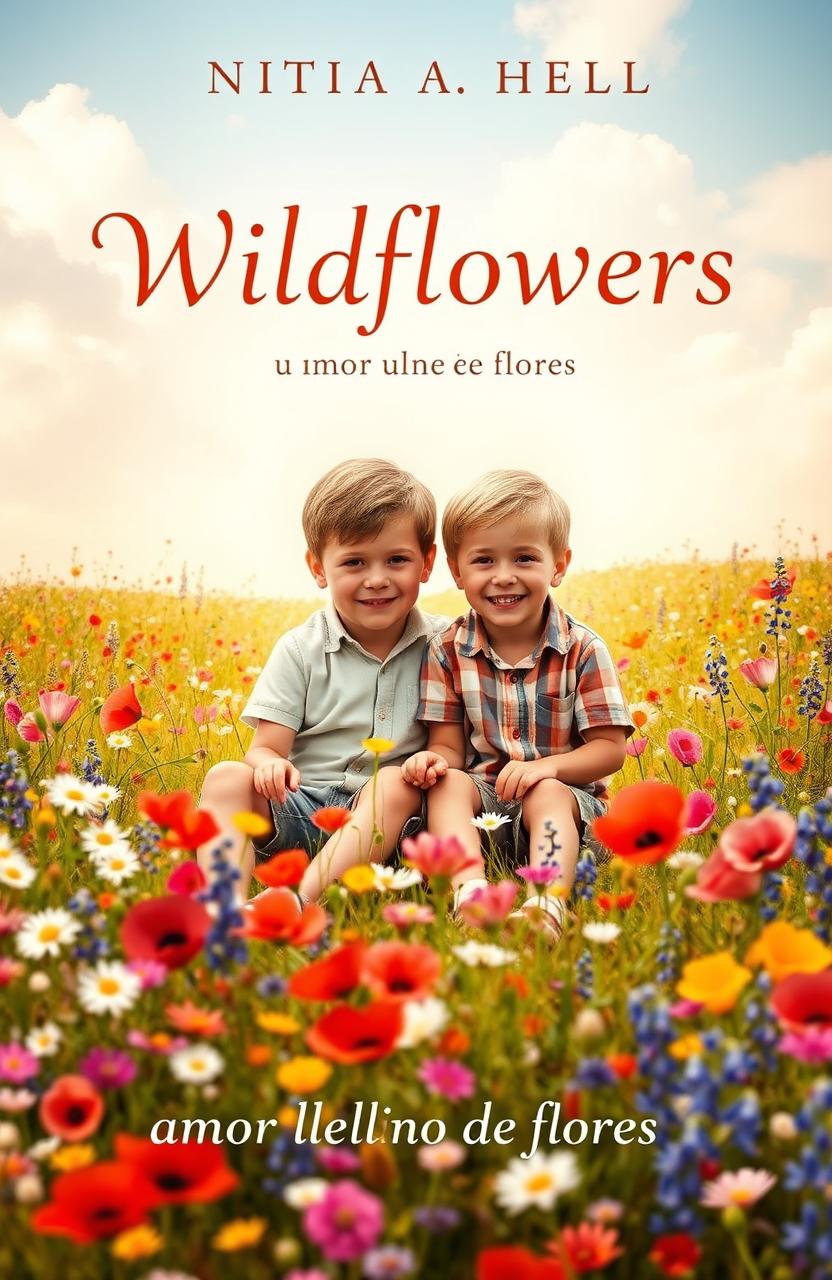 A beautiful book cover for a novel titled "Wildflowers" featuring two young boys sitting together in a vibrant field filled with colorful wildflowers