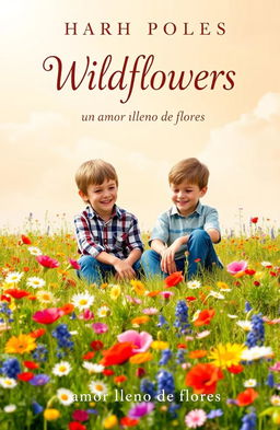A beautiful book cover for a novel titled "Wildflowers" featuring two young boys sitting together in a vibrant field filled with colorful wildflowers