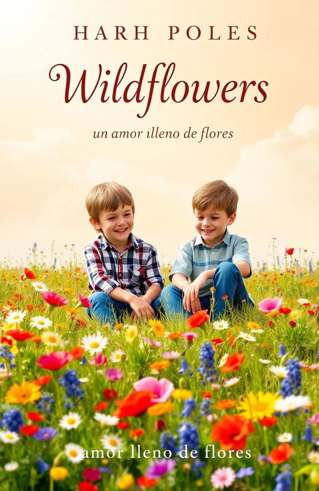 A beautiful book cover for a novel titled "Wildflowers" featuring two young boys sitting together in a vibrant field filled with colorful wildflowers