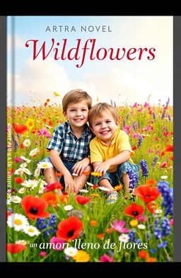 A beautiful book cover for a novel titled "Wildflowers" featuring two young boys sitting together in a vibrant field filled with colorful wildflowers
