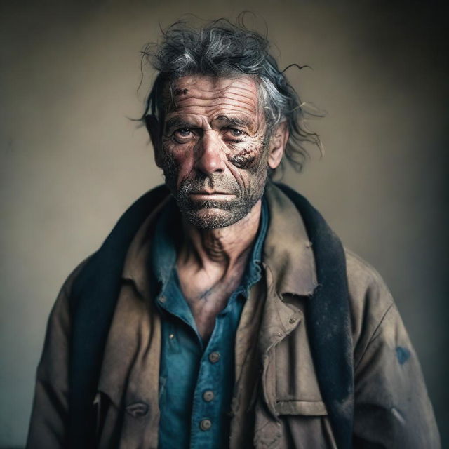 A portrait of a financially strapped individual with rugged features, dressed in tattered and dirty clothes, embodying resilience despite hardship