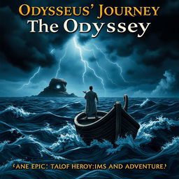 A dramatic scene featuring Odysseus standing determinedly on the deck of a small, ancient Greek ship, gazing across the turbulent open sea