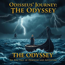A dramatic scene featuring Odysseus standing determinedly on the deck of a small, ancient Greek ship, gazing across the turbulent open sea