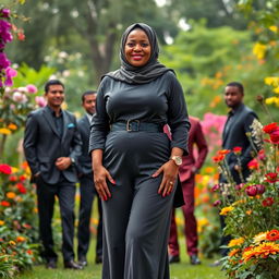 A mature Muslim woman standing confidently in a beautiful garden background, showcasing her curvy figure with measurements of 36-28-38