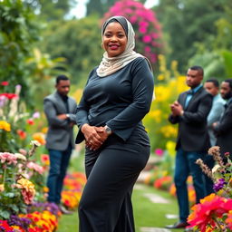 A mature Muslim woman standing confidently in a beautiful garden background, showcasing her curvy figure with measurements of 36-28-38