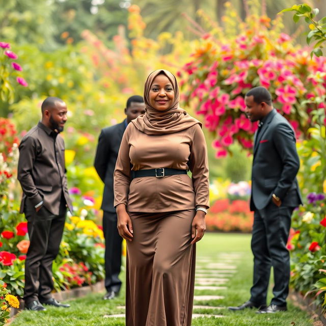 A mature Muslim woman standing confidently in a beautiful garden background, showcasing her curvy figure with measurements of 36-28-38