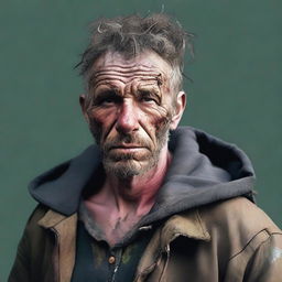 A portrait of a financially strapped individual with rugged features, dressed in tattered and dirty clothes, embodying resilience despite hardship