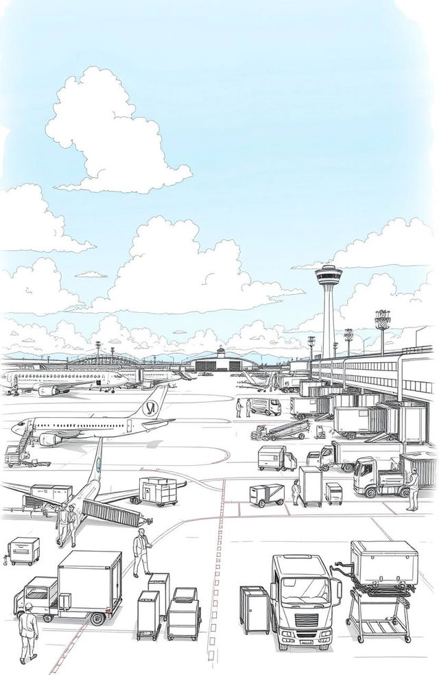 A detailed sketch drawing of an airport airside, showcasing various features such as airplanes on the tarmac, baggage carts, airport personnel working, fuel trucks, and airplane hangars in the background