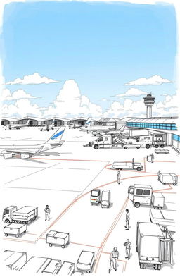 A detailed sketch drawing of an airport airside, showcasing various features such as airplanes on the tarmac, baggage carts, airport personnel working, fuel trucks, and airplane hangars in the background