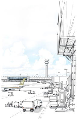 A detailed sketch drawing of an airport airside, showcasing various features such as airplanes on the tarmac, baggage carts, airport personnel working, fuel trucks, and airplane hangars in the background