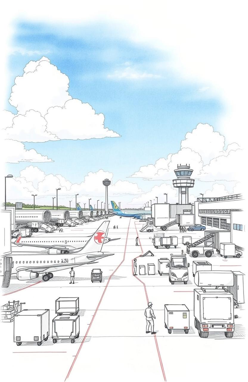 A detailed sketch drawing of an airport airside, showcasing various features such as airplanes on the tarmac, baggage carts, airport personnel working, fuel trucks, and airplane hangars in the background