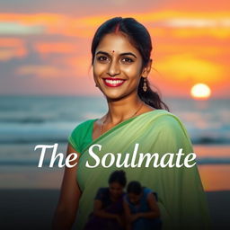 A stunning Indian woman with extremely fair porcelain skin and hazel eyes, her center-split hair neatly tied back, wearing a light green crepe saree, radiating a warm and inviting smile