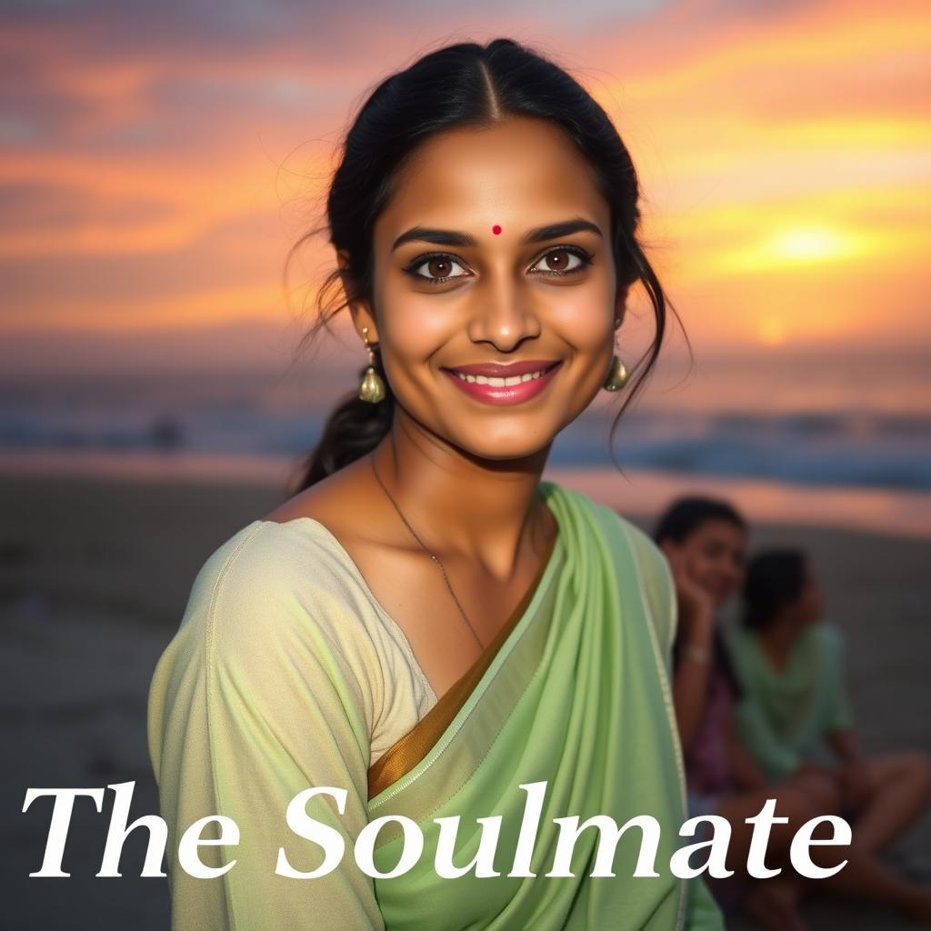 A stunning Indian woman with extremely fair porcelain skin and hazel eyes, her center-split hair neatly tied back, wearing a light green crepe saree, radiating a warm and inviting smile