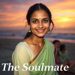 A stunning Indian woman with extremely fair porcelain skin and hazel eyes, her center-split hair neatly tied back, wearing a light green crepe saree, radiating a warm and inviting smile