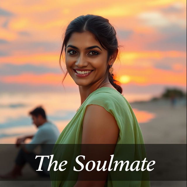 A stunning Indian woman with extremely fair porcelain skin and hazel eyes, her center-split hair neatly tied back, wearing a light green crepe saree, radiating a warm and inviting smile