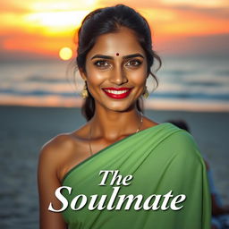 A stunning Indian woman with extremely fair porcelain skin and hazel eyes, her center-split hair neatly tied back, wearing a light green crepe saree, radiating a warm and inviting smile