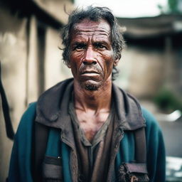 A portrait of a financially strapped individual with rugged features, dressed in tattered and dirty clothes, embodying resilience despite hardship