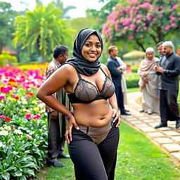 A mature Muslim woman confidently posing in a beautiful garden setting, showcasing her curvy figure with measurements of 36-28-38