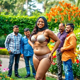 A mature Muslim woman confidently posing in a beautiful garden setting, showcasing her curvy figure with measurements of 36-28-38