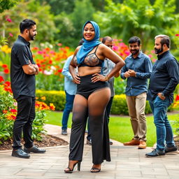 A mature Muslim woman confidently posing in a beautiful garden setting, showcasing her curvy figure with measurements of 36-28-38