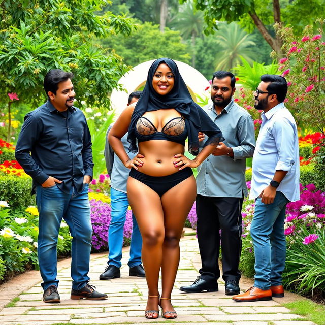 A mature Muslim woman confidently posing in a beautiful garden setting, showcasing her curvy figure with measurements of 36-28-38