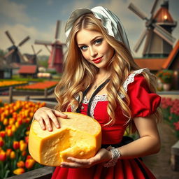 A charming and seductive Dutch girl in a traditional setting, playfully posing with a wheel of cheese