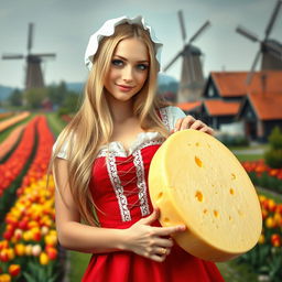 A charming and seductive Dutch girl in a traditional setting, playfully posing with a wheel of cheese