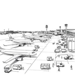 A black and white sketch drawing of an airport airside, featuring a view of airplanes neatly lined up on the tarmac
