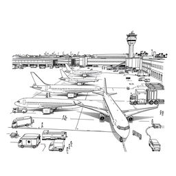 A black and white sketch drawing of an airport airside, featuring a view of airplanes neatly lined up on the tarmac