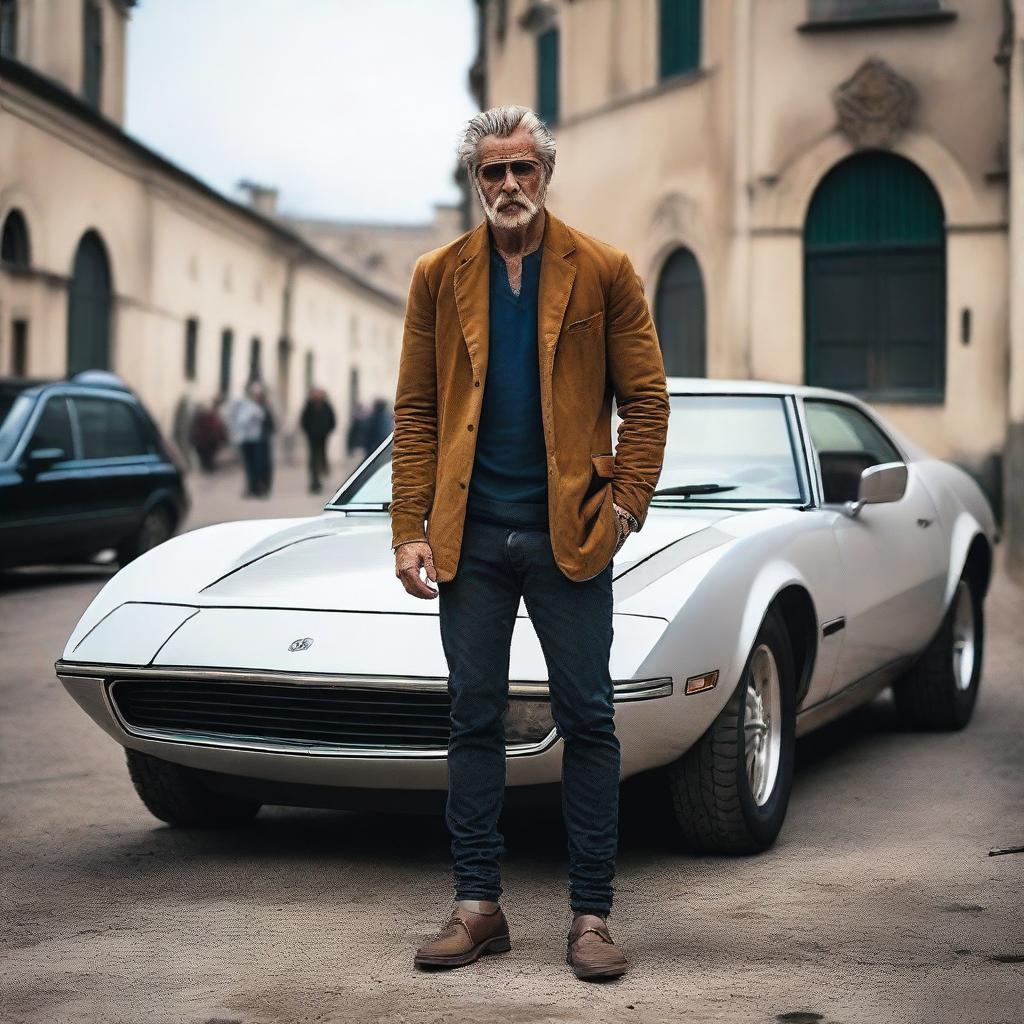 A stark scene contrasting a less fortunate individual in grubby clothing, exuding rugged charm, with a high-performance sports car that signifies opulence