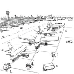 A black and white sketch drawing of an airport airside, featuring a view of airplanes neatly lined up on the tarmac