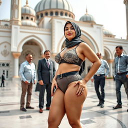 A mature Muslim woman confidently posing in front of a beautifully designed mosque, showcasing her curvy figure with measurements of 36-28-38