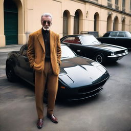 A stark scene contrasting a less fortunate individual in grubby clothing, exuding rugged charm, with a high-performance sports car that signifies opulence