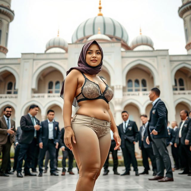 A mature Muslim woman confidently posing in front of a beautifully designed mosque, showcasing her curvy figure with measurements of 36-28-38