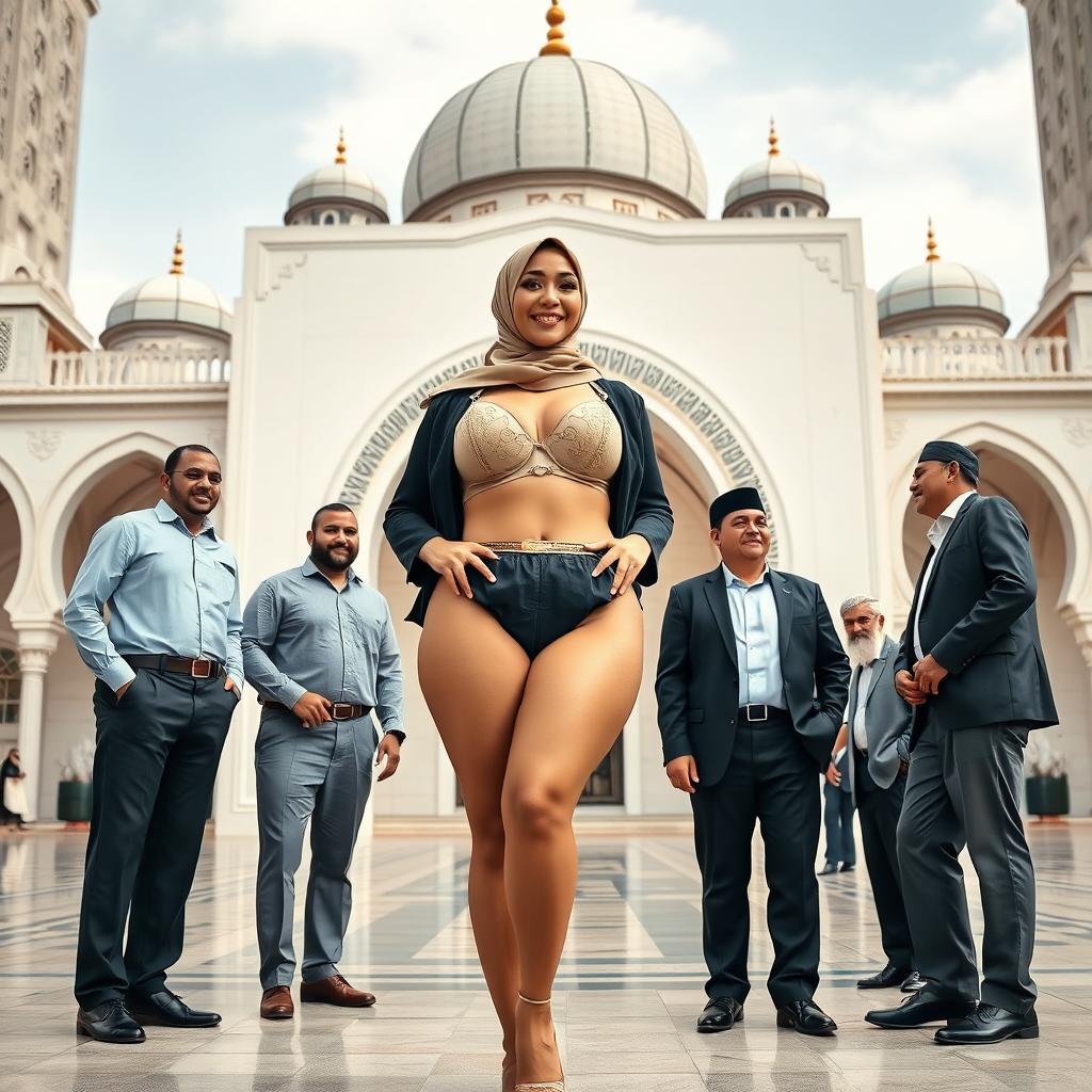 A mature Muslim woman confidently posing in front of a beautifully designed mosque, showcasing her curvy figure with measurements of 36-28-38