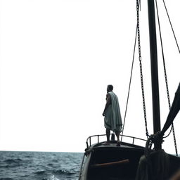 A dramatic scene featuring Odysseus standing on the deck of a small, ancient Greek ship, his face set with determination as he gazes across the open sea against a stark white background