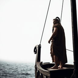 A dramatic scene featuring Odysseus standing on the deck of a small, ancient Greek ship, his face set with determination as he gazes across the open sea against a stark white background