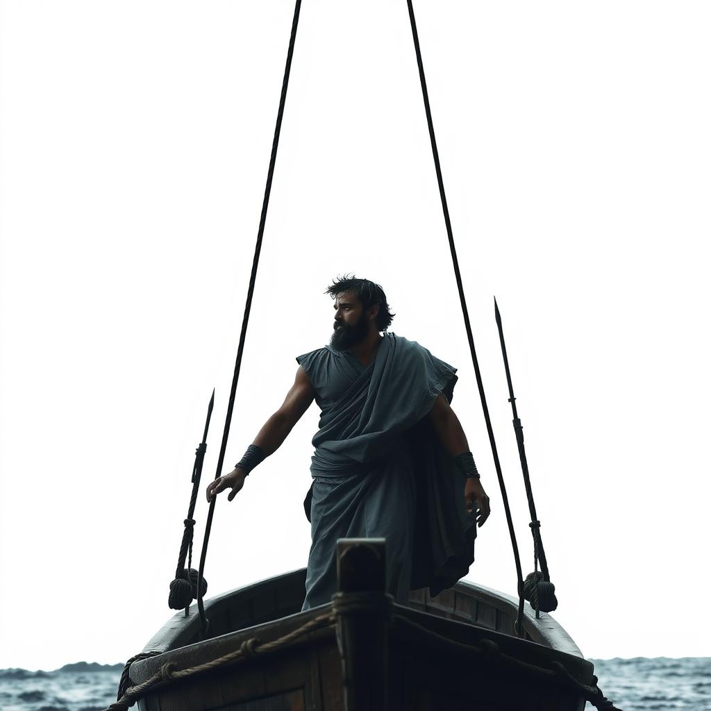 A dramatic scene featuring Odysseus standing on the deck of a small, ancient Greek ship, his face set with determination as he gazes across the open sea against a stark white background