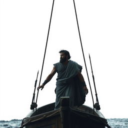 A dramatic scene featuring Odysseus standing on the deck of a small, ancient Greek ship, his face set with determination as he gazes across the open sea against a stark white background