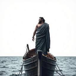 A dramatic scene featuring Odysseus standing on the deck of a small, ancient Greek ship, his face set with determination as he gazes across the open sea against a stark white background