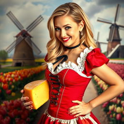 A playful and alluring Dutch girl with a mischievous smile, dressed in an eye-catching traditional outfit that highlights her curves