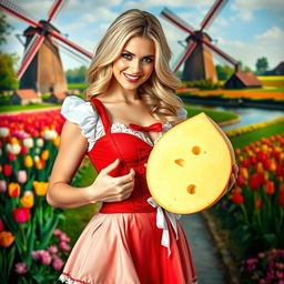 A playful and alluring Dutch girl with a mischievous smile, dressed in an eye-catching traditional outfit that highlights her curves