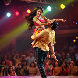 A dynamic scene featuring the beautiful Indian actress Kriti Sanon being joyfully lifted by a male back dancer during a vibrant dance performance