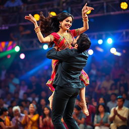 A dynamic scene featuring the beautiful Indian actress Kriti Sanon being joyfully lifted by a male back dancer during a vibrant dance performance