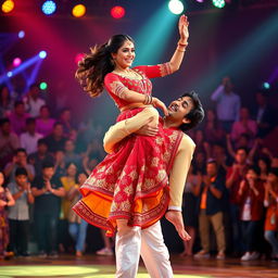 A dynamic scene featuring the beautiful Indian actress Kriti Sanon being joyfully lifted by a male back dancer during a vibrant dance performance