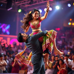 A dynamic scene featuring the beautiful Indian actress Kriti Sanon being joyfully lifted by a male back dancer during a vibrant dance performance