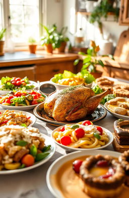 A colorful and visually appealing spread of various dishes showcasing a range of culinary delights in a warm, inviting kitchen setting