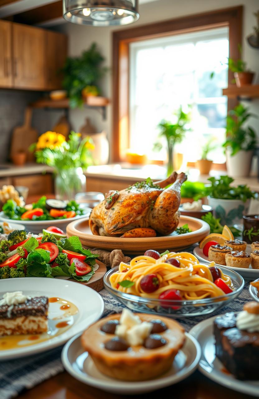 A colorful and visually appealing spread of various dishes showcasing a range of culinary delights in a warm, inviting kitchen setting